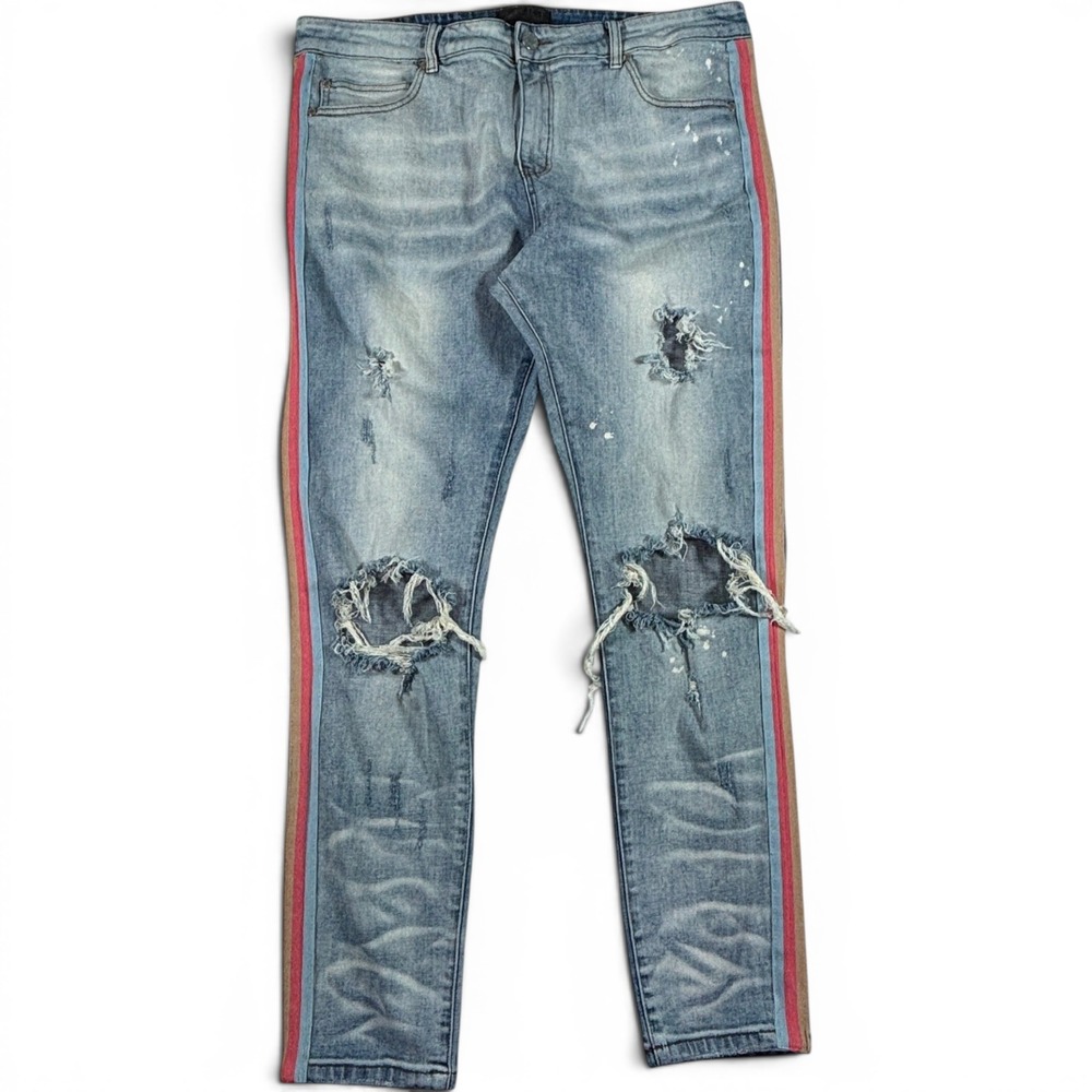 THRT Denim Mens Light Wash Distressed Side Stripe Skinny Jeans Size 40x31 Blue
